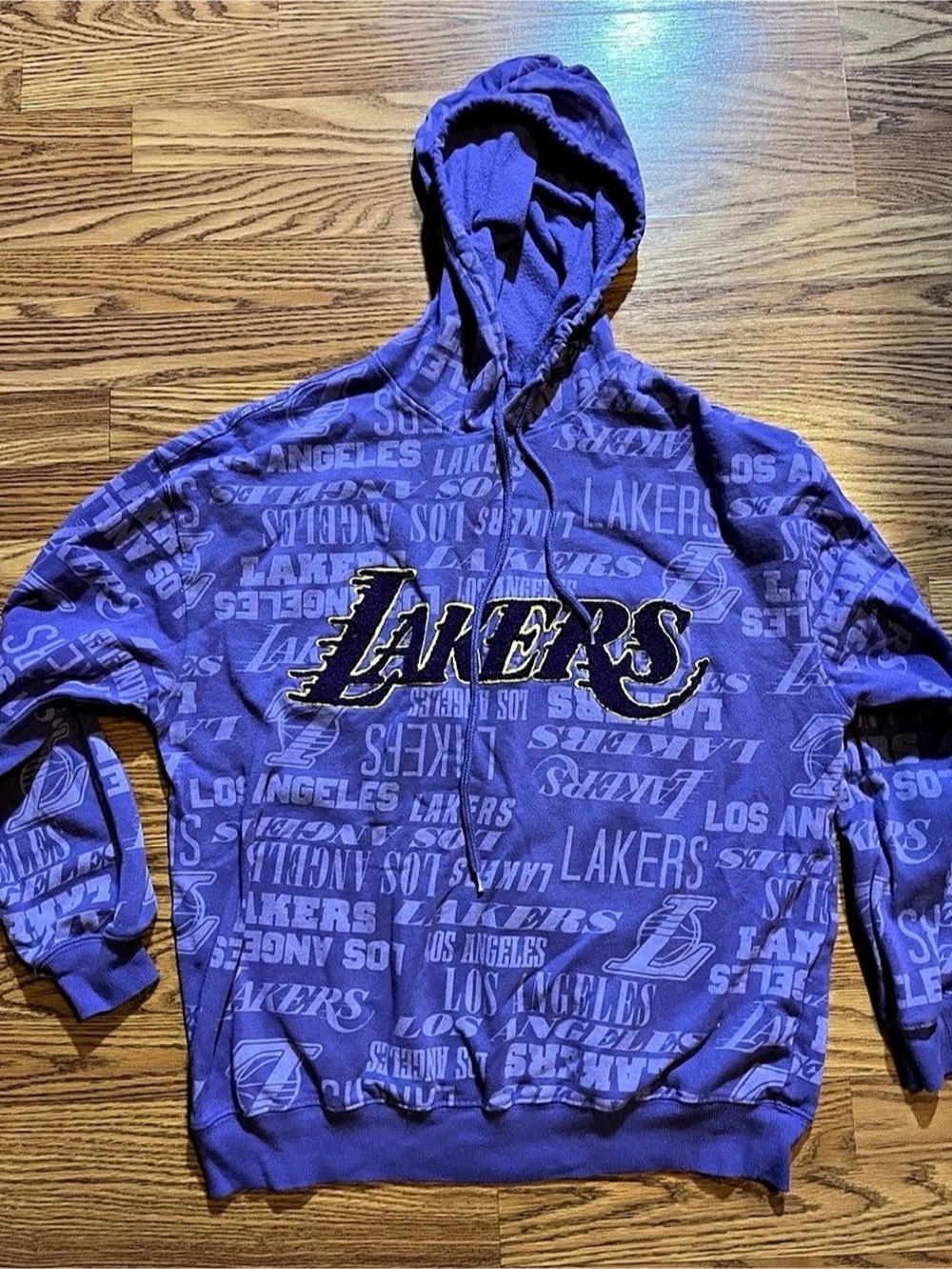 LA LAKERS Los Angeles Men's Hoodie Sweat Shirt Purple Large Spelled All Over